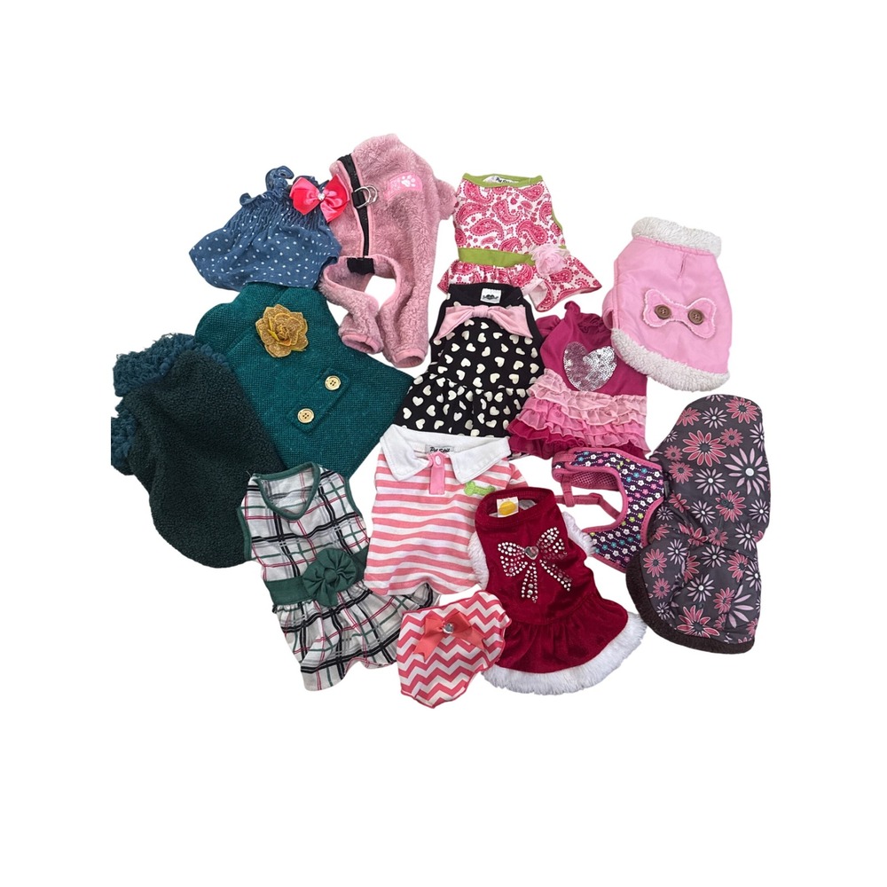 Lot of 14 x-Small Dog Clothes Dresses Sweaters Harnesses Pink Floral Plaid